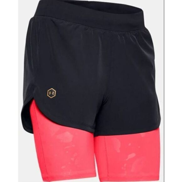 Under Armour 1355224 Women's Sz XS Black/Pink Camo 2-in-1 Running Shorts $70+ - Picture 1 of 4
